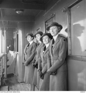 Embarkation of the ship Malaya 3. L-R: Mary Cuthbertson, Sr Clarice Halligan, Sr H Syer, and Nurse R. Wilson. Source: awm.gov.au