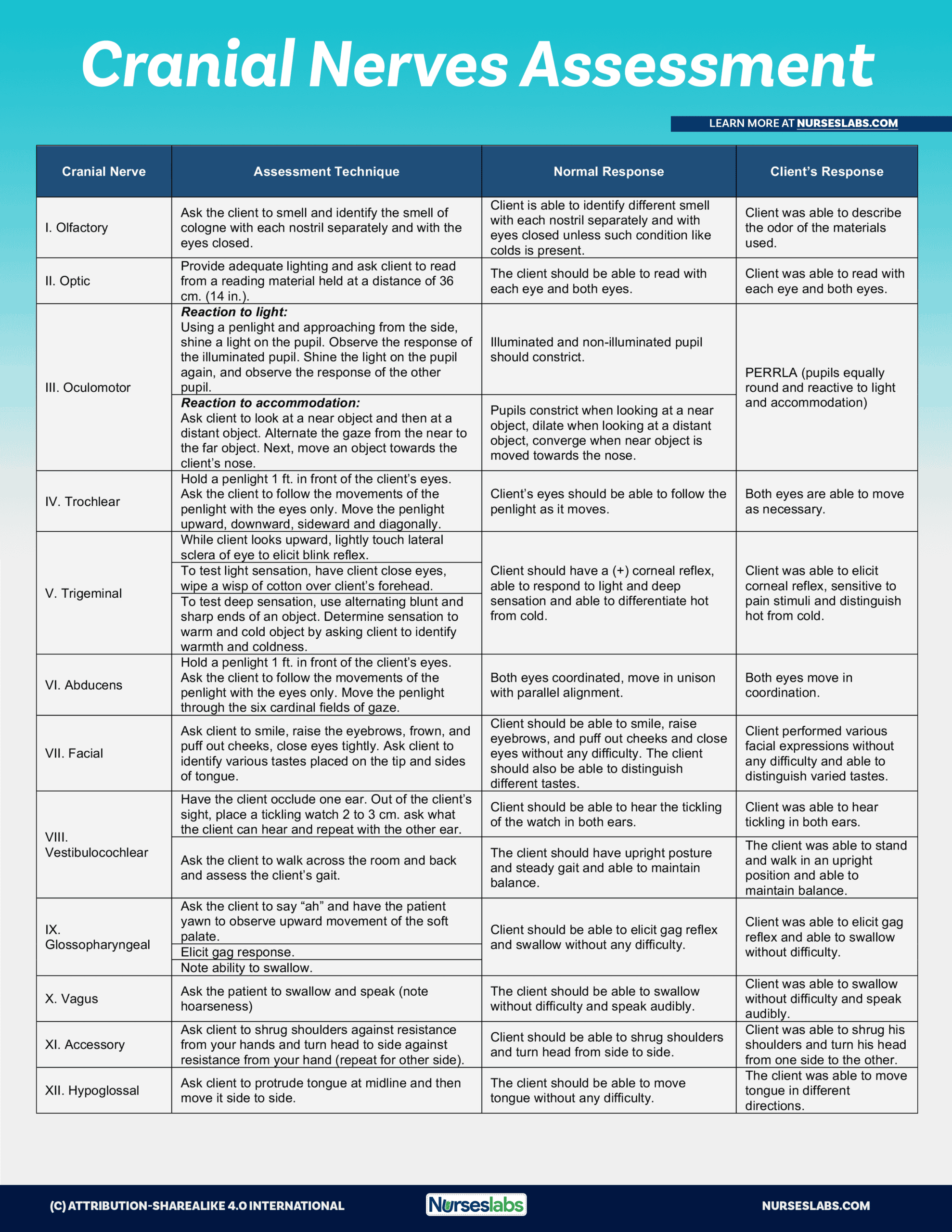 Cranial Nerves Chart Assessment Cheat Sheet 2020 Nurseslabs