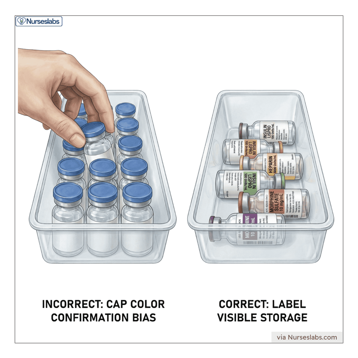 Image showing the correct way to store vials with their labels visible.