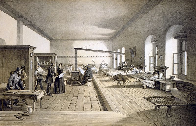 Un service de l'hôpital de Scutari où travaillait Nightingale, d'après une lithographie de 1856