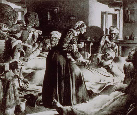 Nightingale providing care to wounded and ill soldiers during the Crimean War