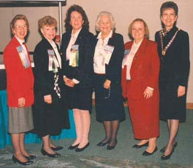 King helped organize the 1991 Biennial Convention of the Honor Society of Nursing, Sigma Theta Tau International which was held in Tampa, Florida. From left: Marinell Jernigan Bostian, Cecilia Grindel, Judy Beal, Imogene King, Marie Lobo and Beth Vaughan-Wrobel. Vaughan-Wrobel was installed that year as president.