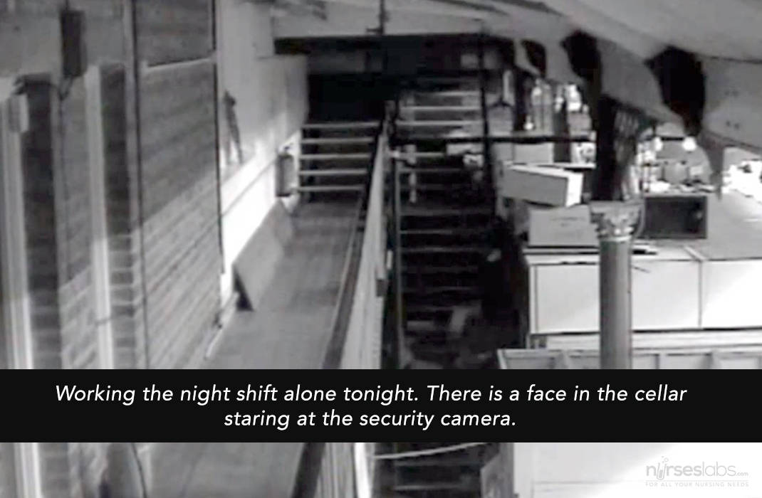 Working the night shift alone tonight. There is a face in the cellar staring at the security camera. 