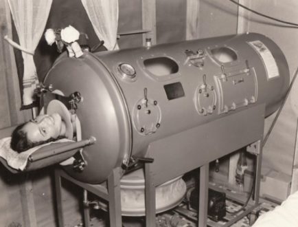 Colloquially known as the “iron lung”, enables a person to breathe when normal muscle control has been lost. It consisted of a large airtight tank in which the patient laid in, with his or her head sticking out. 