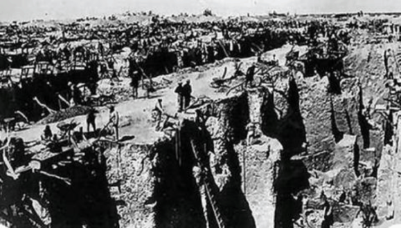 The Kimberly mine in 1873, only a few years after the digging started via https://www.sahistory.org.za