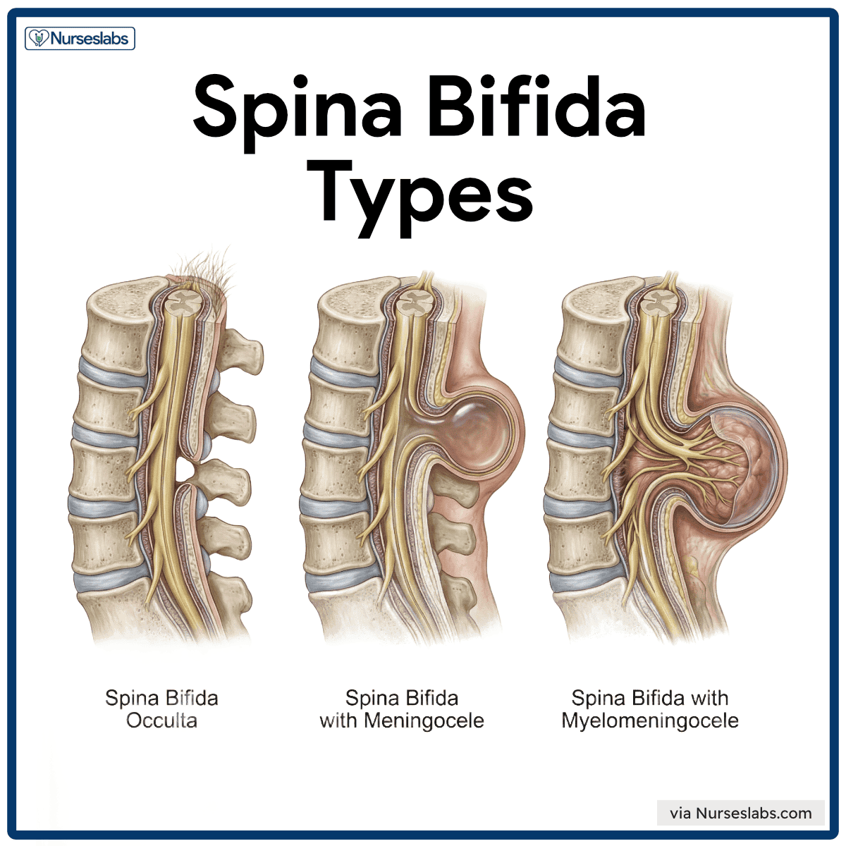 Illustration of different types of Spina Bifida including occulta, meningocele, and myelomeningocele.