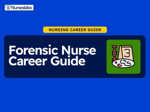 Title card showing forensic nurse career guide with an image on the side of typical evidences (e.g, DNA, etc).