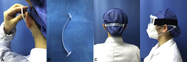 Plastic handle that can be used to hook the earloop of a surgical mask. Image via: American Academy of Dermatology.