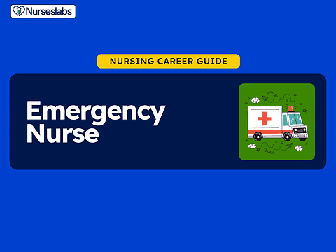 Emergency nurse icon on a blue background, illustration of ambulance, healthcare, and nursing career guide.