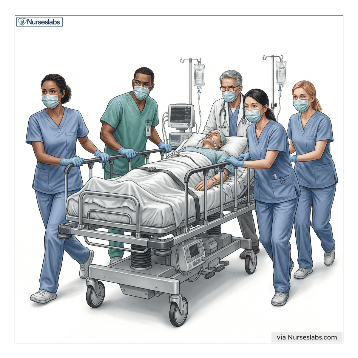 Emergency healthcare team assisting patient in a hospital ICU setting.