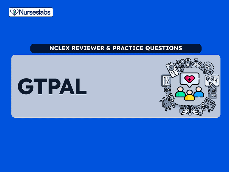 GTPAL nursing review chart with practice questions for NCLEX exam preparation.